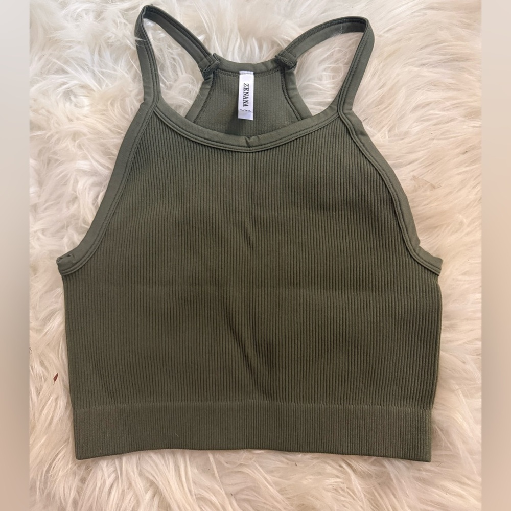 Zenana Olive Green Ribbed crop Tank Top L/XL